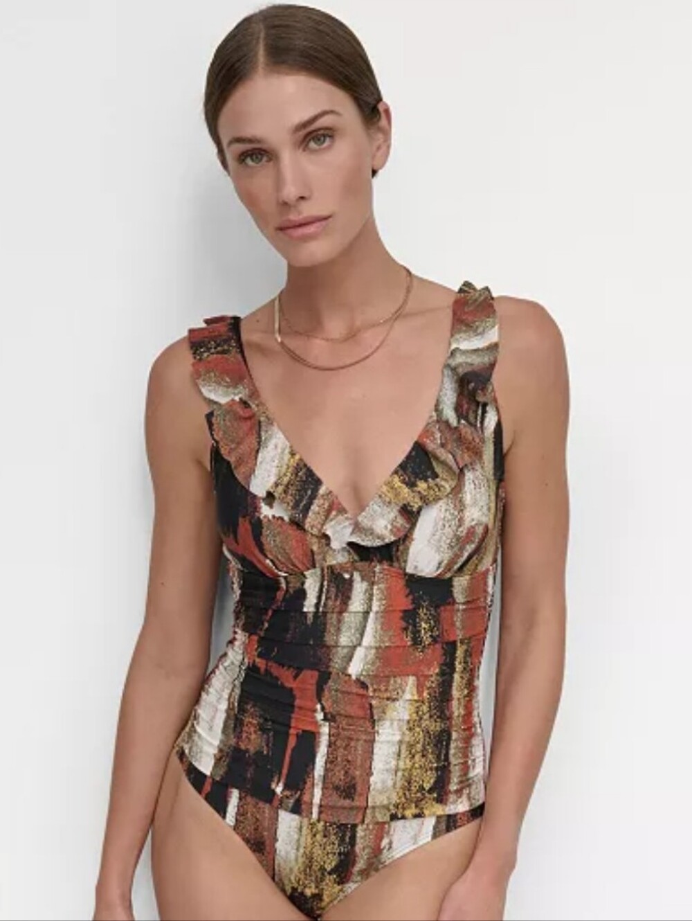 Dkny Rust Multi Striped Ruffle V-Neck One-Piece Swimsuit Size Large NWT